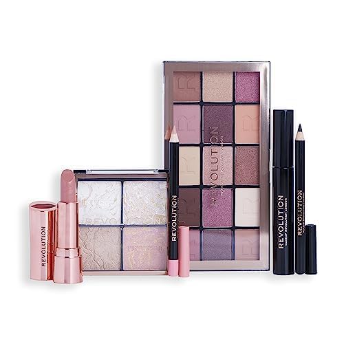 Makeup Revolution Get The Look Gift Set Party Ready, Eye Palette, Eyeliner, Lipstick, Mascara & Highlighter Included, Various Shades