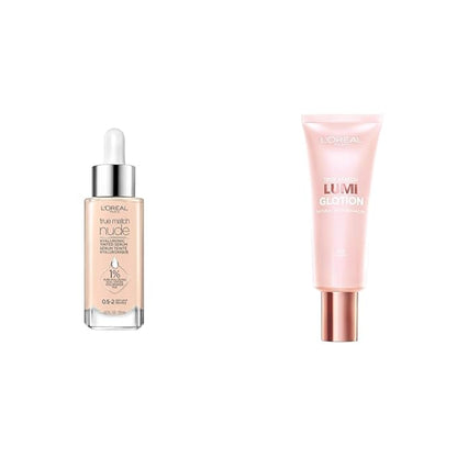 L’Oréal Paris True Match Nude Hyaluronic Tinted Serum Foundation with 1% Hyaluronic acid & Makeup True Match Lumi Glotion Natural Glow Enhancer Lotion, Fair, 1.35 Ounces