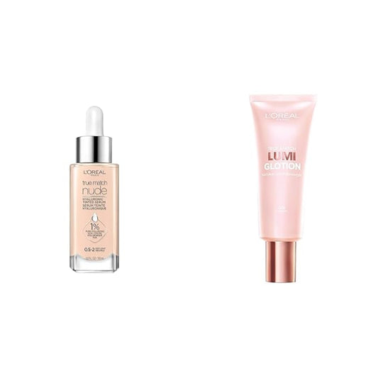 L’Oréal Paris True Match Nude Hyaluronic Tinted Serum Foundation with 1% Hyaluronic acid & Makeup True Match Lumi Glotion Natural Glow Enhancer Lotion, Fair, 1.35 Ounces
