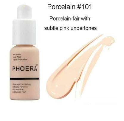 Phoera® Full Coverage Foundation Soft Matte Oil Control Concealer 30ml Flawless Cream Smooth Long Lasting (101 PORCELAIN)