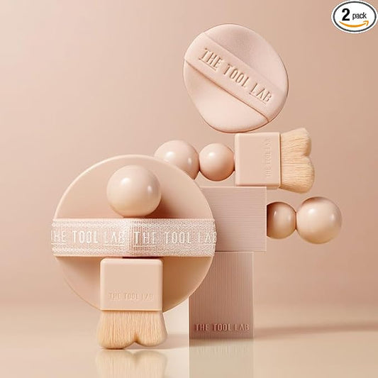 THE TOOL LAB Stamp Skinfit Cushion Foundation & Brush Set｜Glow Type, No.19 Porcelain｜120H Long-Lasting Coverage, Flawless, Ultra Adherence, Glass Glowy Clear Watercolor-Radiance Skin｜SPF 40++, 11g