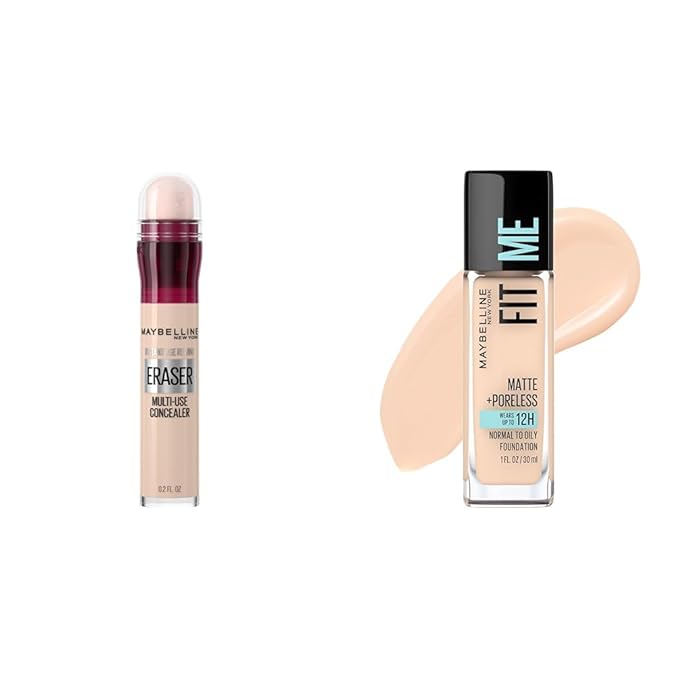 Maybelline Instant Age Rewind Eraser Dark Circles Treatment Multi-Use Concealer,110 & Fit Me Matte + Poreless Liquid Oil-Free Foundation Makeup, Natural Ivory