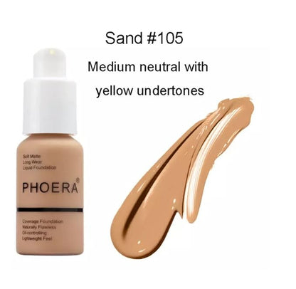 Phoera® Full Coverage Foundation Soft Matte Oil Control Concealer 30ml Flawless Cream Smooth Long Lasting aq (105 SAND)