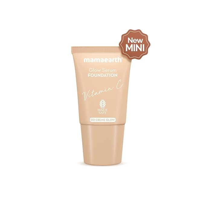 Mamaearth Glow Serum Foundation - 02 Crème Glow Shade | with Vitamin C & Turmeric | Up to 12 Hour Buildable Coverage | Waterproof & Lightweight | 0.61 Fl Oz (18ml)