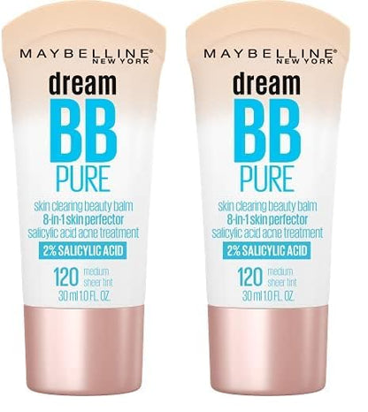 Maybelline Dream Pure Skin Clearing BB Cream, 8-in-1 Skin Perfecting Beauty Balm With 2% Salicylic Acid, Sheer Tint Coverage, Oil-Free, Medium, 1 Count (Pack of 2)