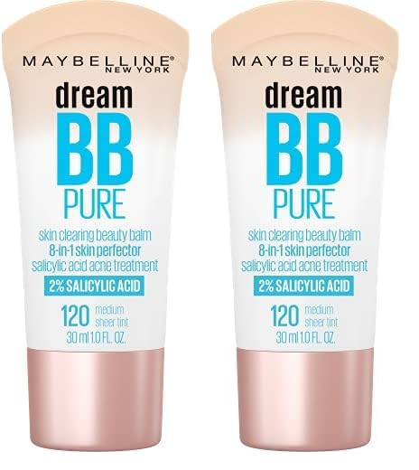 Maybelline Dream Pure Skin Clearing BB Cream, 8-in-1 Skin Perfecting Beauty Balm With 2% Salicylic Acid, Sheer Tint Coverage, Oil-Free, Medium, 1 Count (Pack of 2)