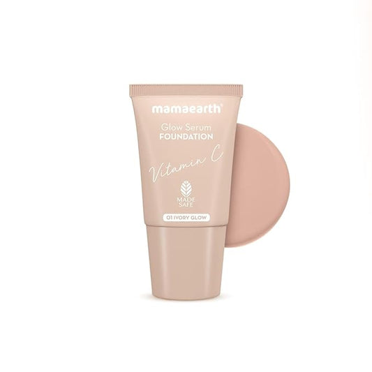 MAMAEARTH Glow Serum Foundation - 01 Ivory Glow Shade | with Vitamin C & Turmeric | Up to 12 Hour Buildable Coverage | Waterproof & Lightweight | 0.61 Fl Oz (18ml)