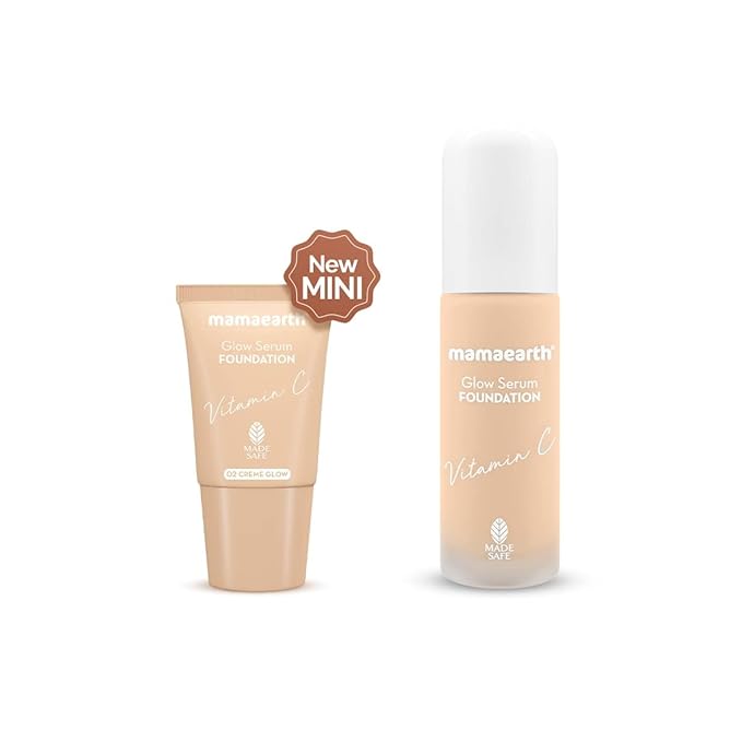 Mamaearth Glow Serum Foundation - 02 Crème Glow Shade | with Vitamin C & Turmeric | Up to 12 Hour Buildable Coverage | Waterproof & Lightweight | 0.61 Fl Oz (18ml)