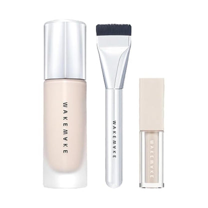 Water Velvet Cover Foundation 30ml, Wakemake Foundation Brush, Wakemake Defining Cover Concealer Set, Korean Glass Skin Foundation 0.34 Fl Oz (Pack of 3) (22 NEUTRL)
