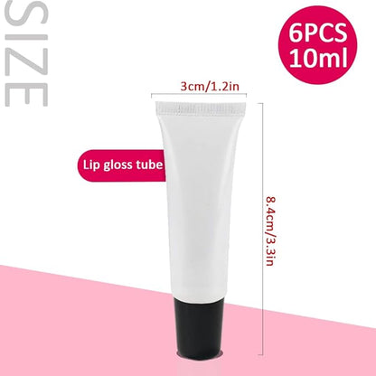 AMORIX 6PCS 10ml Lip Gloss Tubes Clear Empty Lip Balm Containers with Black Cap Refillable Soft Cosmetic Squeeze Tubes for Lip Gloss Base Glitter Pigment Powder.