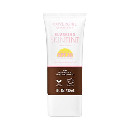 COVERGIRL Clean Fresh Blurring Skin Tint with SPF 30, 465 Deep Neutral, Liquid Foundation, Soft Matte Finish, Smooths, Brightens, Blurs Pores, Mineral Sunscreen, Vegan Formula