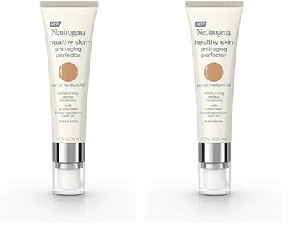 Neutrogena Healthy Skin Anti-Aging Perfector Tinted Facial Moisturizer and Retinol Treatment with Broad Spectrum SPF 20 Sunscreen with Titanium Dioxide, 50 Tan to Medium, 1 fl. oz (Pack of 2)