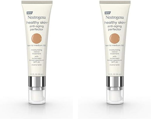 Neutrogena Healthy Skin Anti-Aging Perfector Tinted Facial Moisturizer and Retinol Treatment with Broad Spectrum SPF 20 Sunscreen with Titanium Dioxide, 50 Tan to Medium, 1 fl. oz (Pack of 2)
