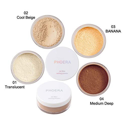 2 Pcs PHOERA Setting Powder, Control Oil Brighten Skin Color Cover Blemish Whitening Face Setting Loose Powder。 (01# Translucent & 02# Cool Beige)