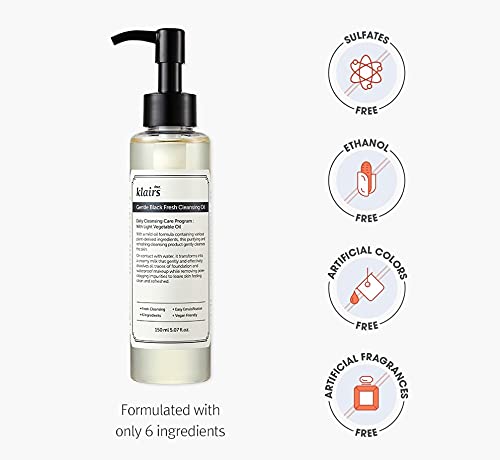 DearKlairs] Gentle Black Fresh Cleansing Oil, a light and spreadable texture, only 6 ingredients, For Oily Sensitive Skin, Vegan, Korean Skincare (5.07 Fl Oz)