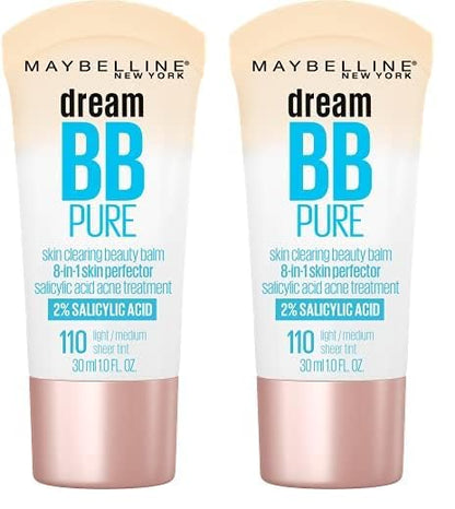 Maybelline Dream Pure Skin Clearing BB Cream, 8-in-1 Skin Perfecting Beauty Balm With 2% Salicylic Acid, Sheer Tint Coverage, Oil-Free, Light/Medium, 1 Count (Pack of 2)