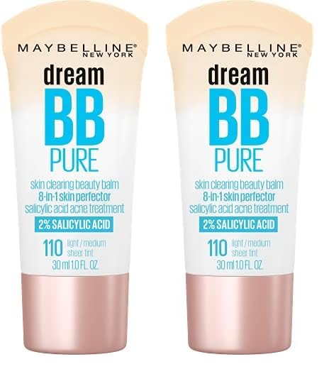 Maybelline Dream Pure Skin Clearing BB Cream, 8-in-1 Skin Perfecting Beauty Balm With 2% Salicylic Acid, Sheer Tint Coverage, Oil-Free, Light/Medium, 1 Count (Pack of 2)