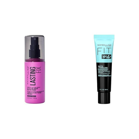 Maybelline New York Facestudio Lasting Fix Makeup Setting Spray, 3.4 fl. oz. and Fit Me Matte + Poreless Mattifying Face Primer Makeup With Sunscreen, SPF 20, 1 Count