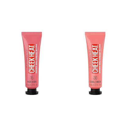Maybelline Cheek Heat Gel-Cream Blush Makeup Bundle with Nude Burn and Coral Ember Shades, Lightweight Feel, Dewy Finish, Oil-Free, 1 Count Each