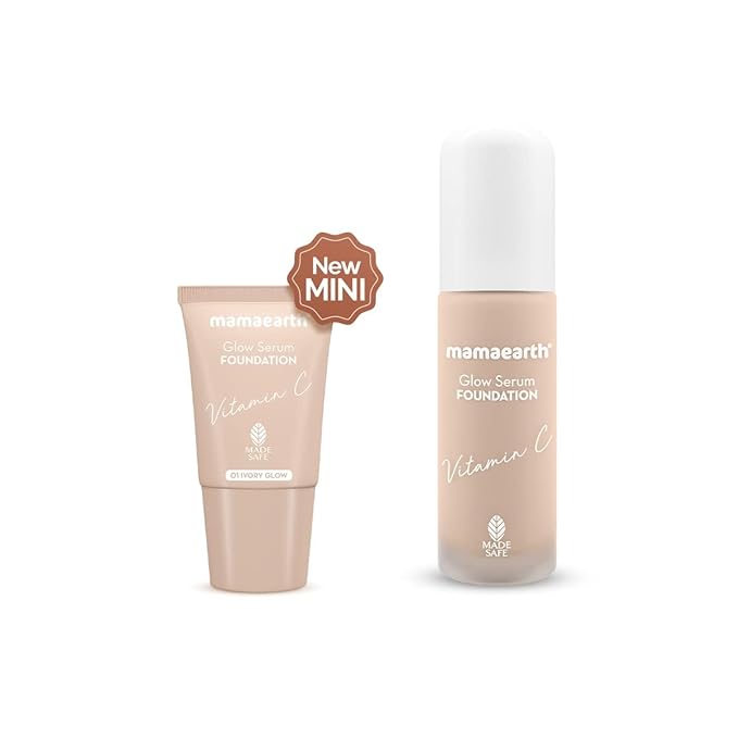 MAMAEARTH Glow Serum Foundation - 01 Ivory Glow Shade | with Vitamin C & Turmeric | Up to 12 Hour Buildable Coverage | Waterproof & Lightweight | 0.61 Fl Oz (18ml)