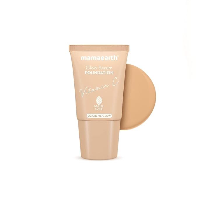 Mamaearth Glow Serum Foundation - 02 Crème Glow Shade | with Vitamin C & Turmeric | Up to 12 Hour Buildable Coverage | Waterproof & Lightweight | 0.61 Fl Oz (18ml)