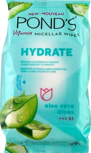 Pond's Vitamin Micellar Wipes For Dry Skin Hydrate Aloe Vera Removes Waterproof Makeup 25 Wipes (Pack of 2)
