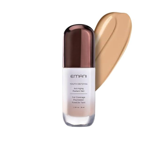 Emani Youth Defense Foundation with Hyaluronic Acid - Anti-Aging, Full Coverage - Protects Face and Brightens Skin Discoloration, Medium
