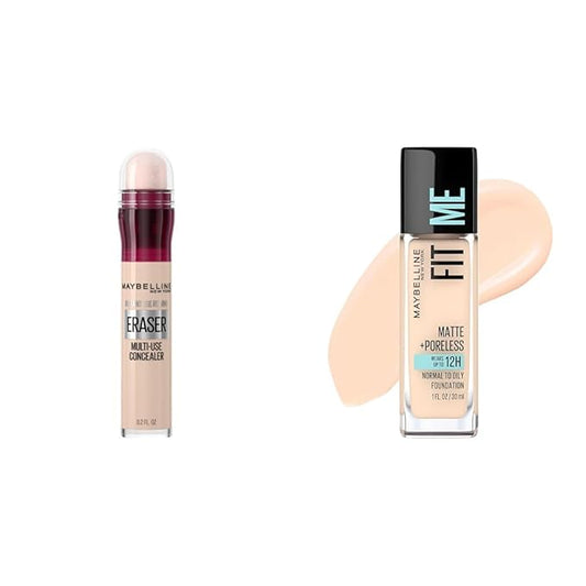 Maybelline Instant Age Rewind Dark Circles Concealer with Fit Me Matte + Poreless Liquid Foundation, Fair Ivory