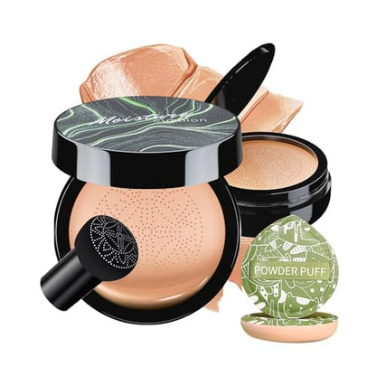 Mushroom Head Air Cushion CC Cream - BB Cream Face Makeup Foundation with Power Puff for Mature Skin Moisturizing Concealer Brighten Long-Lasting, Even Skin Tone for All Skin Types (Nude)