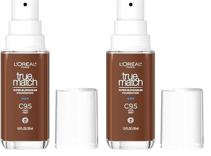 L'Oréal Paris True Match Super-Blendable Foundation, Medium Coverage Liquid Foundation Makeup with SPF 17, C9.5, Deep, 1 Fl Oz (Pack of 2)