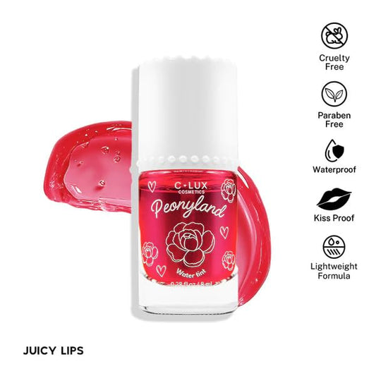 Peonyland Water Tint Cosmetics – 2-in-1 Lip and Cheek Stain, Lightweight, Hydrating, Long-Lasting, Waterproof, Kiss-Proof, Paraben-Free – Juicy Lips (Bright Red Tone)