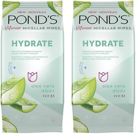 Pond's Vitamin Micellar Wipes For Dry Skin Hydrate Aloe Vera Removes Waterproof Makeup 25 Wipes (Pack of 2)