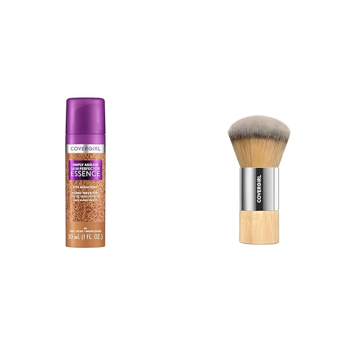Covergirl Simply Ageless 60 Tan Foundation, Blending Brush - Skincare Makeup with Bakuchiol & Tranexamic Acid, Sheer Tint, 1oz