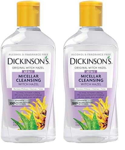 Dickinson's Micellar Cleansing Witch Hazel, An All-in-1 Makeup Remover, Pore Refiner, Skin Cleanser and Toner; Alcohol Free with Aloe, for Sensitive Skin, 16oz (Pack of 2)