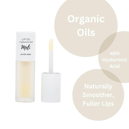 MÈLI Organic Lip Oil with Hyaluronic Acid | Clear Non-Sticky, Natural Lip Gloss, Moisturizing, Revitalizing and Rejuvenating (Vanilla Bean)