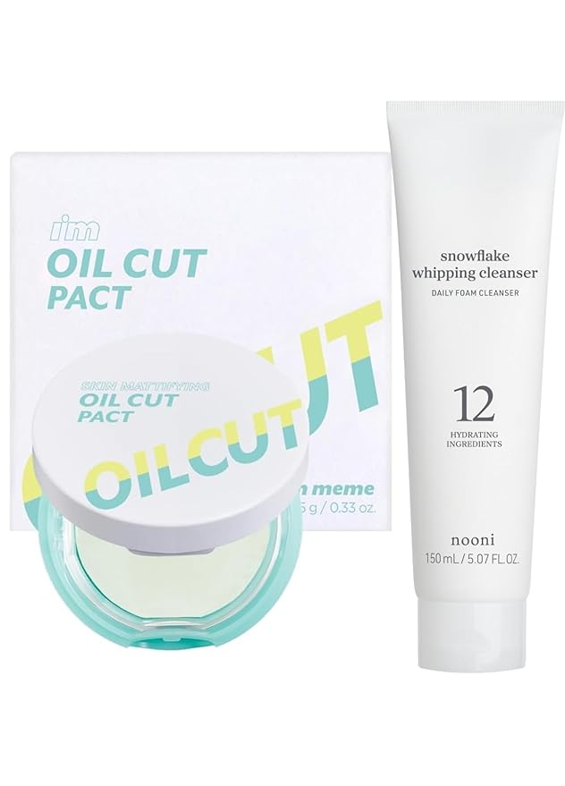 I'm Meme Compact - Oil Cut Pact 0.34 Oz + NOONI Korean Facial Clenaser - Snowflake Whipping Cleanser 5.07 Fl Oz Bundle
