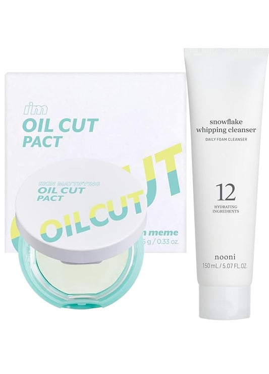 I'm Meme Compact - Oil Cut Pact 0.34 Oz + NOONI Korean Facial Clenaser - Snowflake Whipping Cleanser 5.07 Fl Oz Bundle