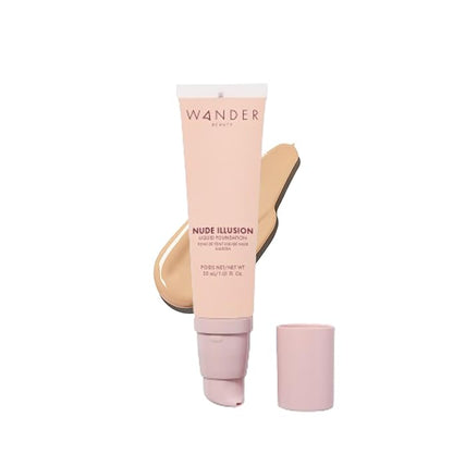 Wander Beauty Nude Illusion Liquid Foundation - Light - Medium to Full Coverage Foundation - Natural Makeup with Vitamin E & Macadamia - Nude Skin Finish Blurs & Conceals - Travel-Friendly -1.01 fl oz