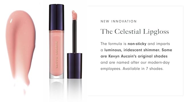 Kevyn Aucoin Celestial Lip Gloss, Drita (creamy sheer nude): Light reflecting shine & sheer. Precision makeup artist applicator. Hydrating, non-stick formula. Multi-dimensional 3D plumping effect.