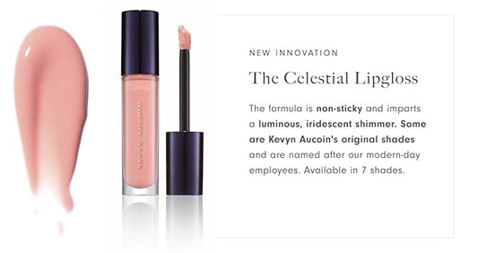 Kevyn Aucoin Celestial Lip Gloss, Drita (creamy sheer nude): Light reflecting shine & sheer. Precision makeup artist applicator. Hydrating, non-stick formula. Multi-dimensional 3D plumping effect.