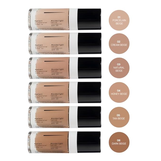Radiant Professional Wonderlight Serum Liquid Foundation for Makeup Kit - Alternative to Bronzer Powder - Color Corrector & Under Eye Concealer - Matte Eyeshadow Base - 1.01 oz - Porcelain Beige (01)
