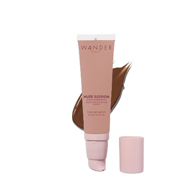 Wander Beauty Nude Illusion Liquid Foundation - Deep - Medium to Full Coverage Foundation - Natural Makeup with Vitamin E & Macadamia - Nude Skin Finish Blurs & Conceals - Travel-Friendly - 1.01 fl oz