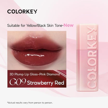 COLORKEY 3D Plump Oil Lip Gloss, High-shine Finish, Lip Tint, Moisturizing, Non-Sticky, Clear and Natural, Glassy Shine (G09 Strawberry Red, 3ml)