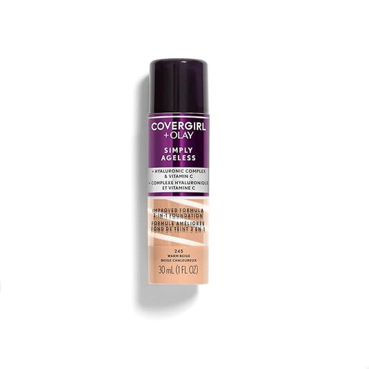 CoverGirl & Olay Simply Ageless 3-in-1 Liquid Foundation, Matte Finish, Hyaluronic & Vitamin C Formula, Warm Beige, 1 Count