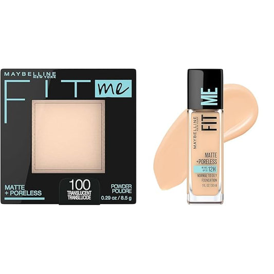 Maybelline Fit Me Matte + Poreless Pressed Powder Makeup & Liquid Foundation, Translucent & Classic Ivory, 1 Count Each