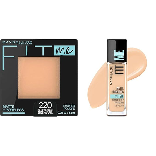 Maybelline Fit Me Matte + Poreless Pressed Powder, Liquid Foundation, Classic Ivory & Natural Beige, 1 Count Each
