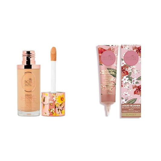 Rachel Couture Liquid Foundation & Blush Bundle | Vegan & Cruelty-Free | Infused with Arnica & Hibiscus Extract – Beige & Sunset