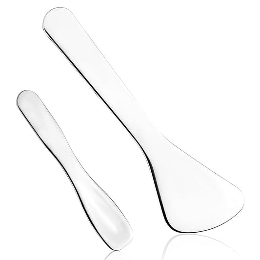 2pcs Mini Metal Makeup Spatula, Small Cosmetic Spoon 2 Shapes Tiny Eye Make up Applicator Tool Skincare Scoop Facial Massage Beauty Skin care Supplies for Mixing and Sampling Lotion Face Cream