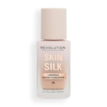 Revolution, Skin Silk Serum Foundation, Light to Medium Coverage, Lightweight & Radiant Finish, Contains Hyaluronic Acid, F8 Medium Skin Tones, 0.77 fl oz