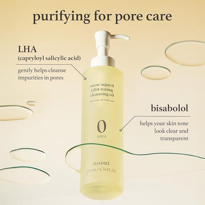 NOONI Facial Cleanser - Snow Aqua 0 LHA Toning Cleansing Oil *2ea | Makeup Blackhead Remover, Pore Control, Glass Skin, Help Control Sebum, Revitalizing, Mother's Day, 6.76 Fl Oz x 2